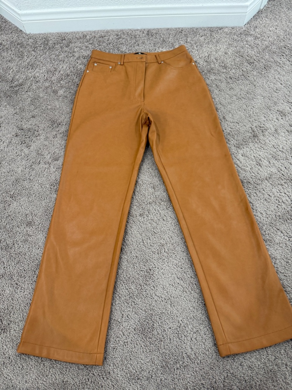 7 For All Mankind Wide Leg Faux Leather Pants in Cognac Brown